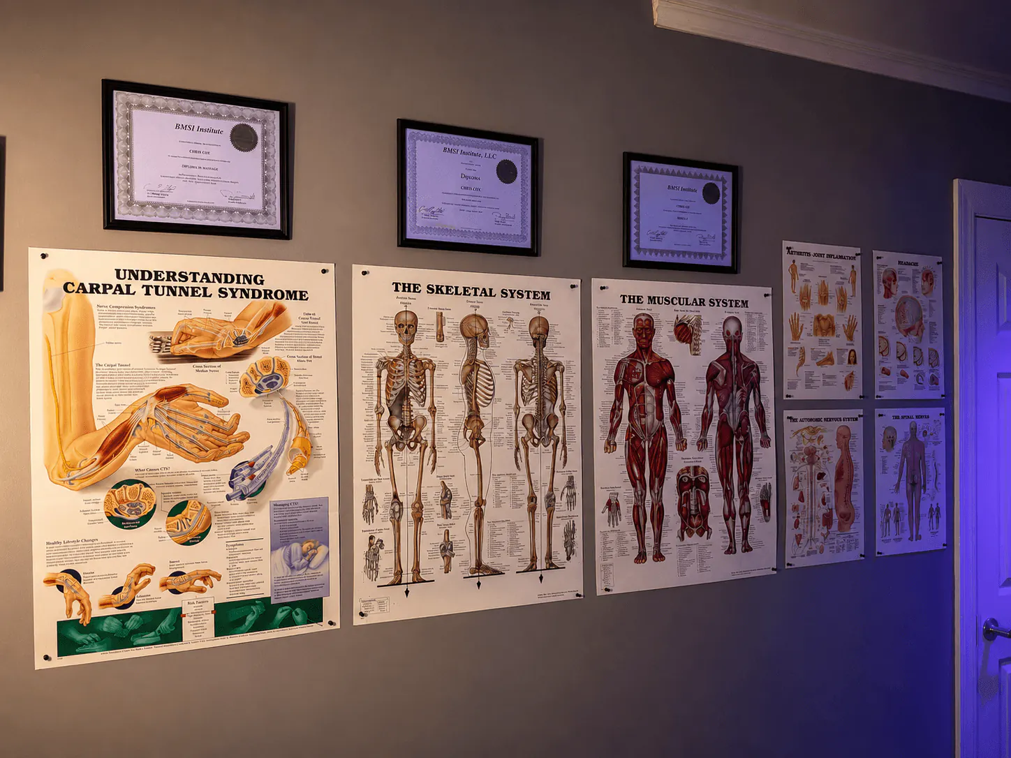 Anatomy charts and massage training certificates on the wall at Muscle Movement and Improvement