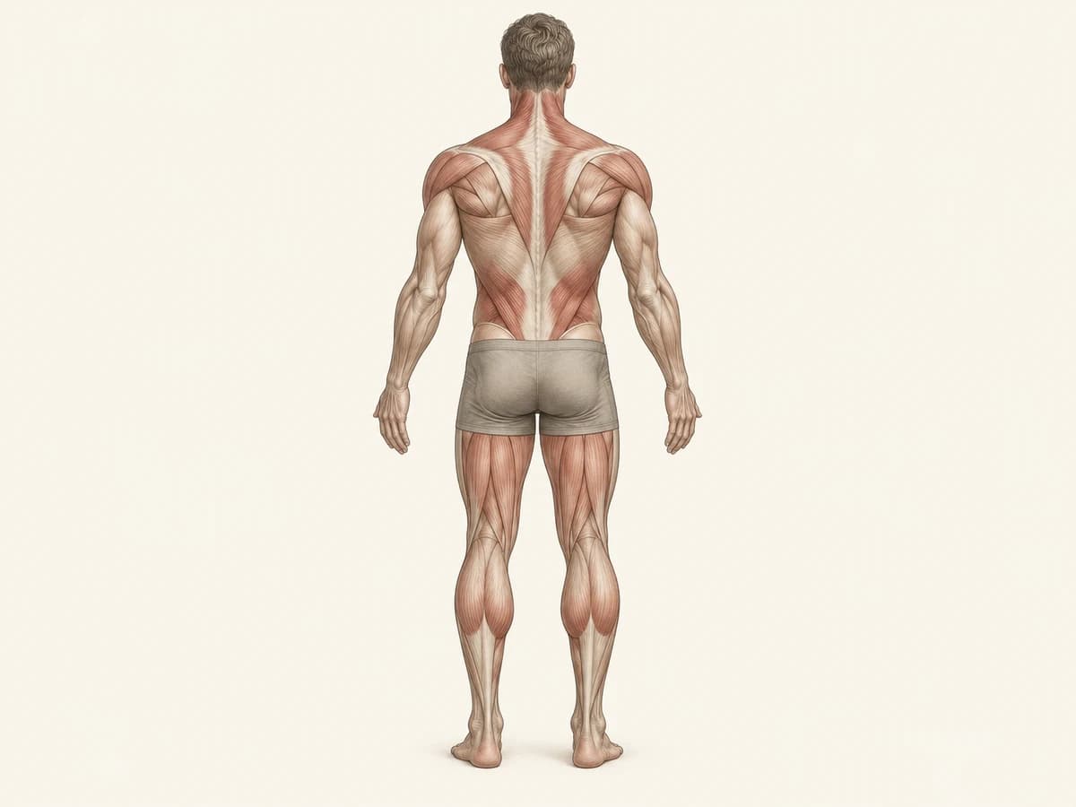 Rear-view anatomical illustration of the human body, showing neck, shoulder, back, and leg muscles