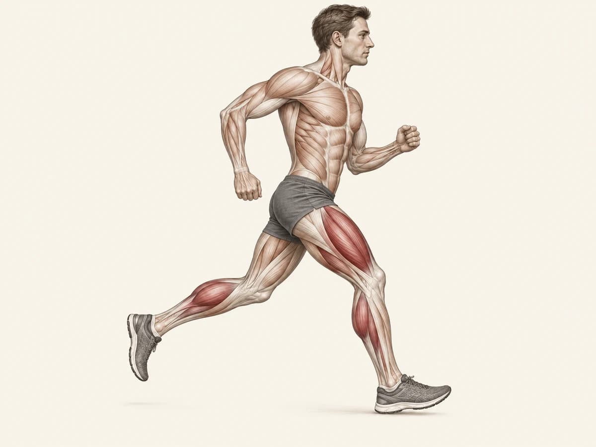 Anatomical illustration of a complete runner in stride, showing leg and calf muscles