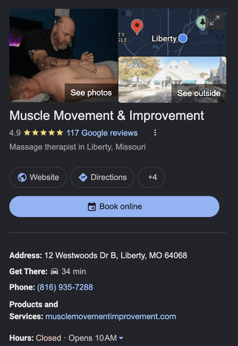 Google Business Profile screenshot for Muscle Movement and Improvement showing the rating, reviews, booking button, and contact details