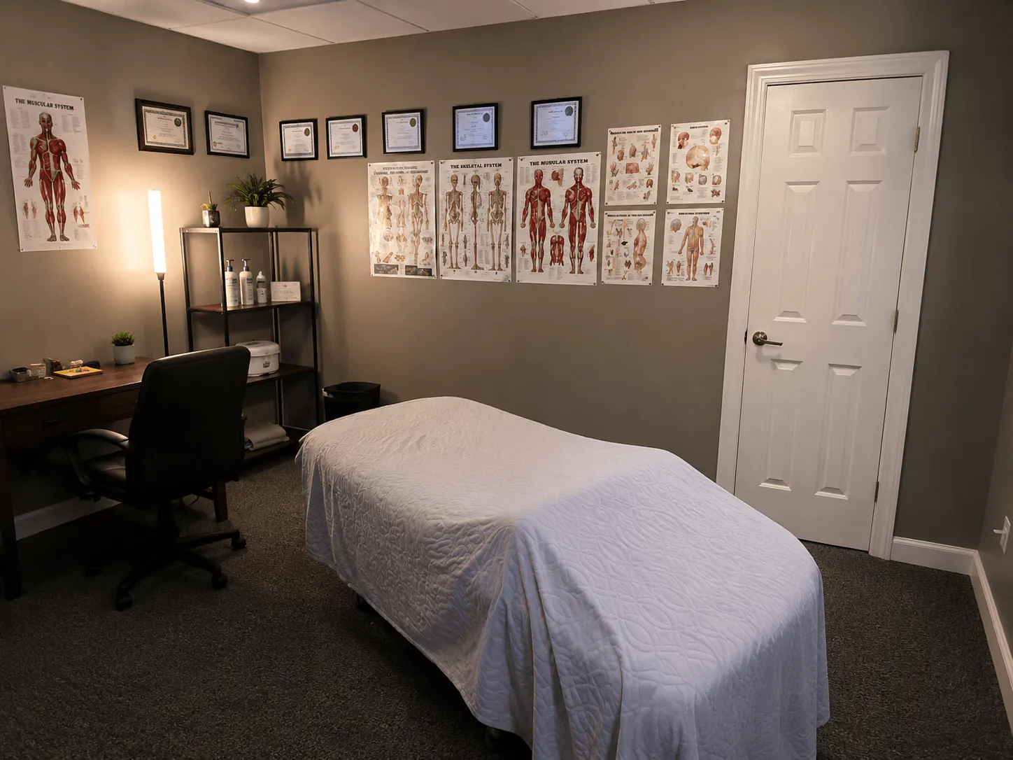 Massage table, anatomy charts, and framed credentials in the MMI treatment room